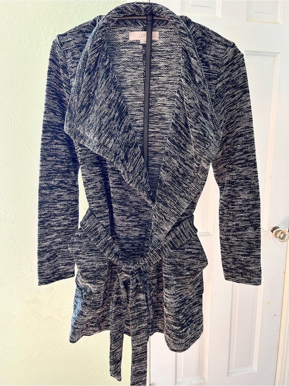 LOFT Black & White Marled Open-Front Cardigan with Tie Belt